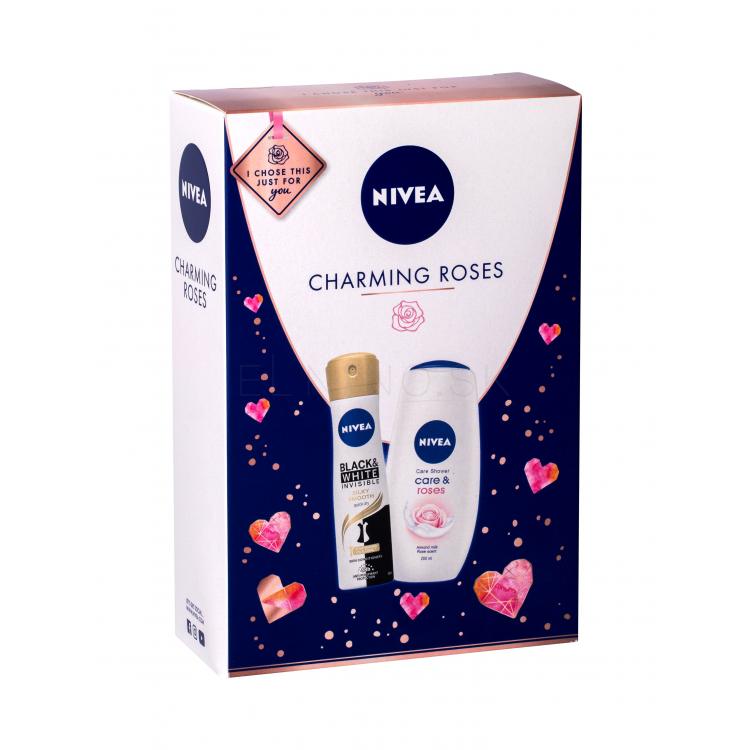 Nivea Care &amp; Roses Darčeková kazeta sprchovací krém 250 ml + antiperspirant Black &amp; White Invisible Silky Smooth 150 ml