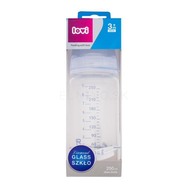 LOVI Baby Shower Glass Bottle Blue 3m+ Dojčenská fľaša pre deti 250 ml