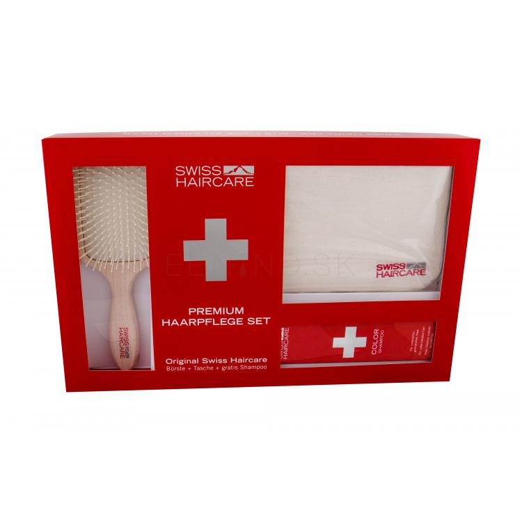 Swiss Haircare Premium Darčeková kazeta plochá kefa na vlasy Paddle Brush 1 ks + šampón na farbené vlasy200 ml + taštička