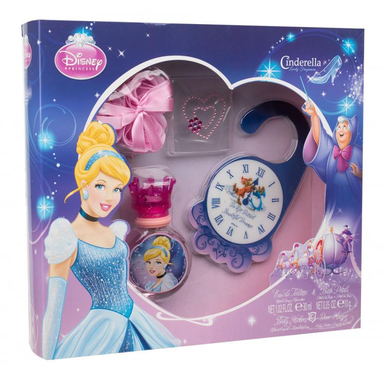 Disney Princess Cinderella Darčeková kazeta toaletná voda 30 ml + okvetné lístky do kúpeľa + izbová visačka+ nálepka na telo