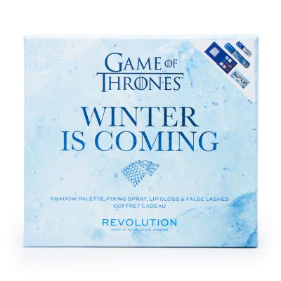 Makeup Revolution London X Game Of Thrones Darčeková kazeta paletka očných tieňov Game Of Thrones 7,2 g + fixačný sprej Game Of Thrones 100 ml + umelé mihalnice Game Of Thrones 1 pár + lesk na pery Game Of Thrones Shimmer Bomb Lip Gloss 5 ml Winter Is Coming
