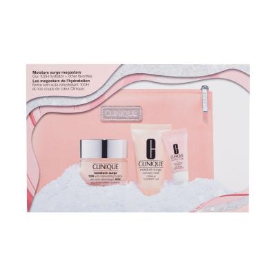 Clinique Moisture Surge Megastars Darčeková kazeta denný pleťový krém Moisture Surge 100H Auto-Replenishing Hydrator 50 ml + nočná pleťová maska Moisture Surge Overnight Mask 30 ml + balzam na pery Moisture Surge Lip Hydro-Plump Treatment 7 ml + kozmetická taštička