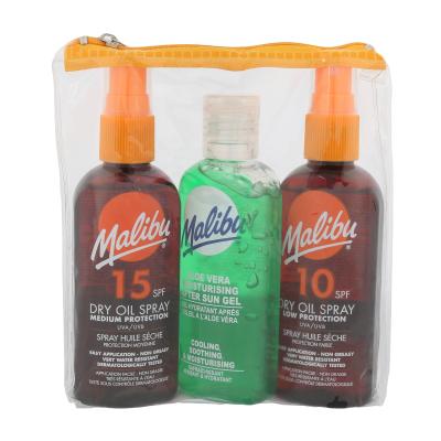 Malibu Dry Oil Spray SPF15 Darčeková kazeta suchý olej na opaľovanie SPF15 100 ml + suchý olej na opaľovanie SPF10 100 ml + gél po opaľovaní Aloe Vera 100 ml