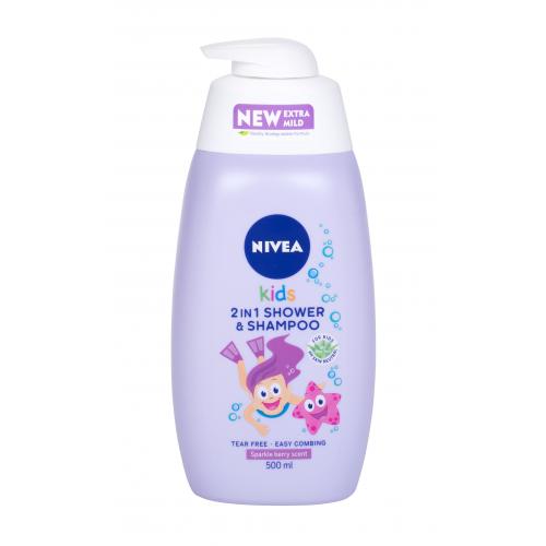 NIVEA Kids Sparkle Berry jemný sprchový gél a šampón pre deti 3v1 500 ml