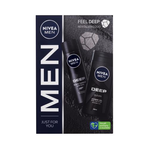 Nivea Men Deep Revitalizing Duo darčeková kazeta sprchovací gél Deep Clean 250 ml + antiperspirant sprej Deep Black Carbon 150 ml pre mužov
