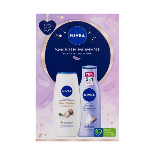 Nivea Smooth Moment darčeková kazeta telové mlieko Smooth Sensation 250 ml + sprchovací gél Shea Butter & Botanical Oil 250 ml pre ženy