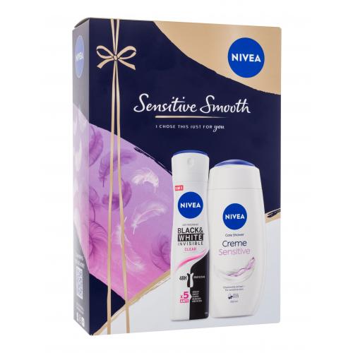 Nivea Sensitive Smooth darčeková kazeta pre ženy sprchovací gél Creme Sensitive 250 ml + antiperspirant Black & White Invisible Clear 150 ml