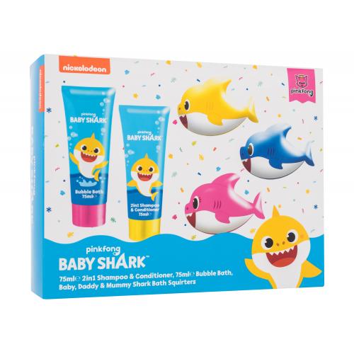 Pinkfong Baby Shark Gift Set darčeková kazeta pena do kúpeľa Baby Shark 75 ml + 2in1 šampón a kondicionér Baby Shark 75 ml + hračka do kúpeľa 3 ks