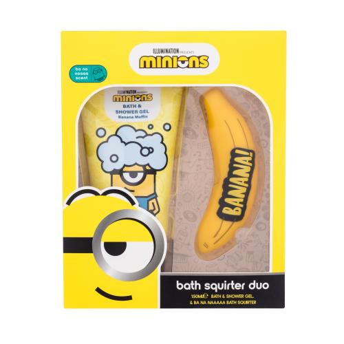 Minions Bath Squirter Duo darčeková kazeta sprchovací gél Minions Bath & Shower Gel Banana Muffin 150 ml + hračka do kúpeľa poškodená krabička