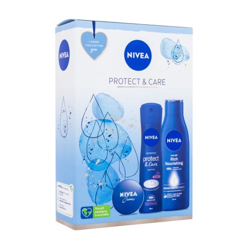 Nivea Protect & Care darčeková kazeta pre ženy telové mlieko Body Milk Rich Nourishing 250 ml + antiperspirant Protect & Care 150 ml + univerzálny krém Creme 30 ml