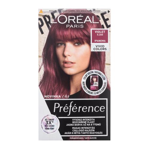 L'Oréal Paris Préférence Vivid Colors 60 ml farba na vlasy pre ženy poškodená krabička 5,260 Violet na všetky typy vlasov; na farbené vlasy