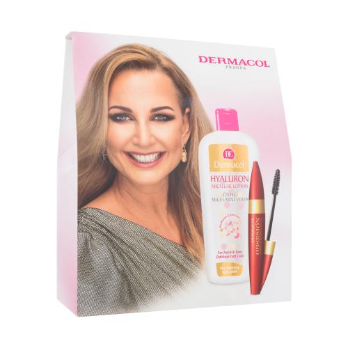 Dermacol Obsesión darčeková kazeta špirála Obsesión Volume & Lenght Mascara 12 ml + čistiaca micelárna voda Hyaluron Micellar Lotion 400 ml Black
