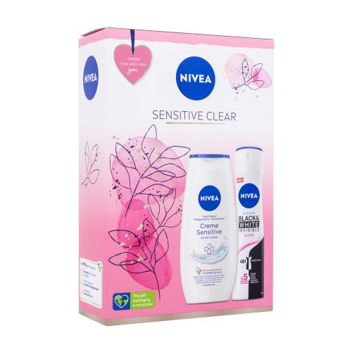 Nivea Sensitive Clear darčeková kazeta sprchovací gél Creme Sensitive 250 ml + antiperspirant Black & White Invisible Clear 150 ml poškodená krabička