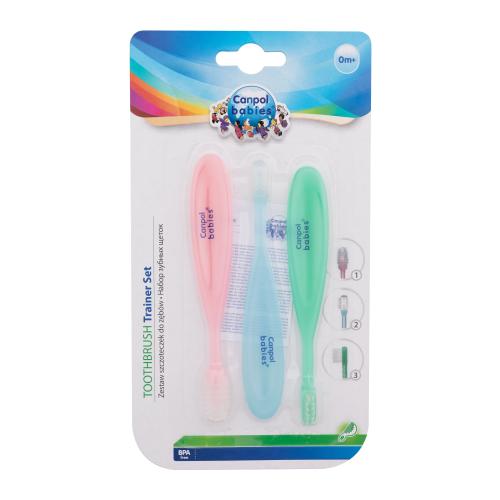 Canpol babies Baby Toothbrush Trainer Set darčeková kazeta masážna kefka 1 ks + gumová kefka na čistenie prvých zúbkov 1 ks + zubná kefka 1 ks
