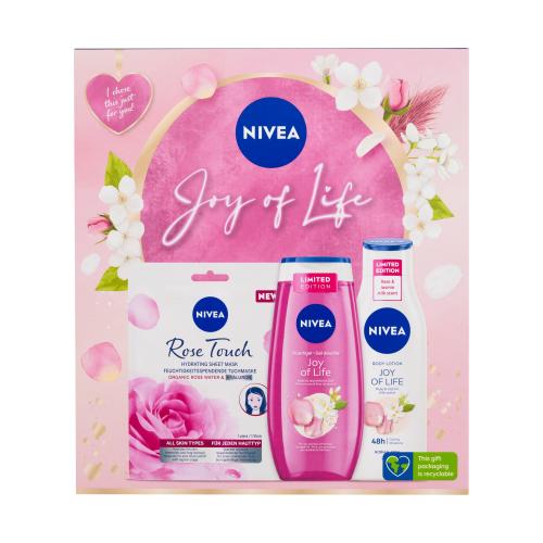 Nivea Joy Of Life darčeková kazeta sprchovací gél Joy Of Life 250 ml + telové mlieko Joy Of Life 250 ml + textilná pleťová maska Rose Touch 1 ks W