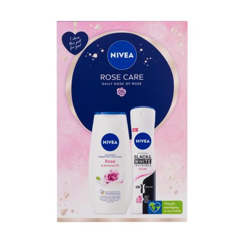 Nivea Rose Care darčeková kazeta sprchovací gél Rose & Almond Oil 250 ml + antiperspirant Black & White Invisible Clear 150 ml pre ženy