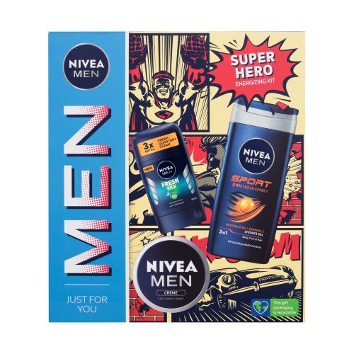 Nivea Men Super Hero darčeková kazeta sprchovací gél Men Sport 250 ml + tuhý antiperspirant Men Fresh Kick 50 ml + univerzálny krém Men Creme 75 ml M
