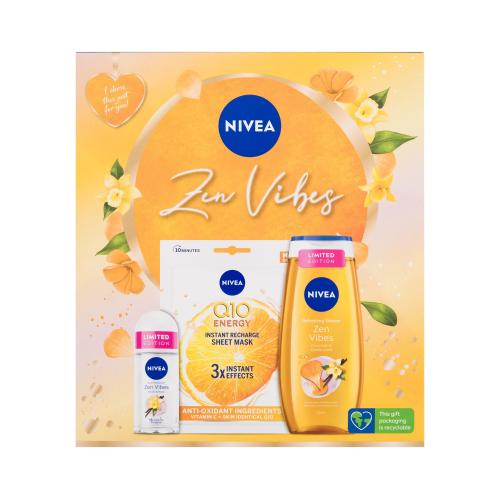 Nivea Zen Vibes darčeková kazeta sprchovací gél Zen Vibes 250 ml + antiperspirant roll-on Zen Vibes 50 ml + textilná pleťová maska Q10 Energy 1 ks W
