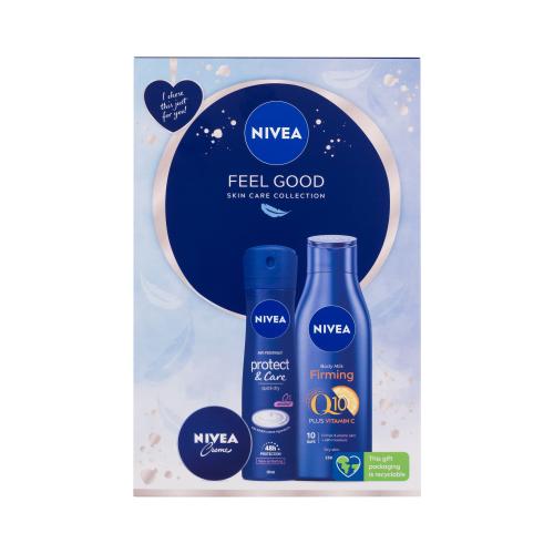 Nivea Feel Good darčeková kazeta telové mlieko Body Milk Firming Q10 250 ml + antiperspirant Protect & Care 150 ml + univerzálny krém 30 ml pre ženy