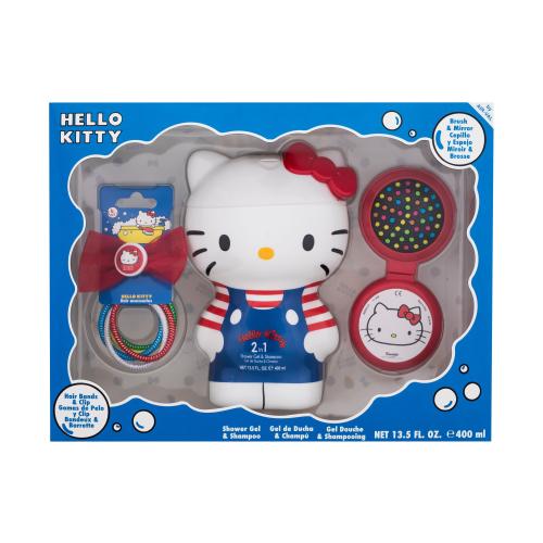 Hello Kitty Hello Kitty 2in1 Shower Gel & Shampoo darčeková kazeta sprchovací gél 400 ml + hrebeň so zrkadielkom + gumičky a spona do vlasov pre deti