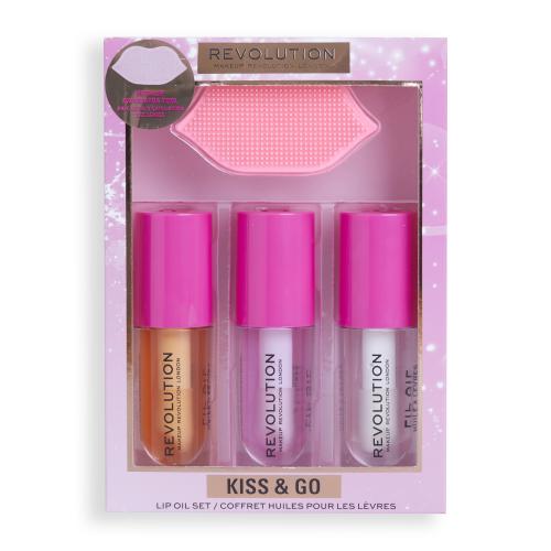 Makeup Revolution London Kiss & Go Lip Oil Set darčeková kazeta pre ženy olej na pery Lip Oil Honey 4,5 ml + olej na pery Lip Oil Peach Pink 4,5 ml + olej na pery Lip Oil Watermelon 4,5 ml + peelingová kefka na pery 1 ks