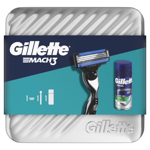 Gillette Mach3 darčeková kazeta pre mužov holiaci strojček 1 ks + gél na holenie Soothing With Aloe Vera Sensitive 75 ml + plechová krabička