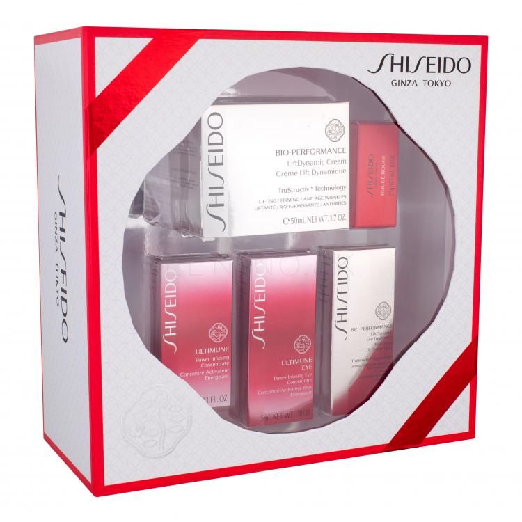 Shiseido Bio-Performance LiftDynamic Cream Darčeková kazeta denný krém 50 ml + pleťové sérum Ultimune 10 ml + starostlivosť o očné okolie Ultimune 5 ml + starostlivosť o očné okolie Lift Dynamic 5 ml + rúž0 Rouge 2,5 g RD501