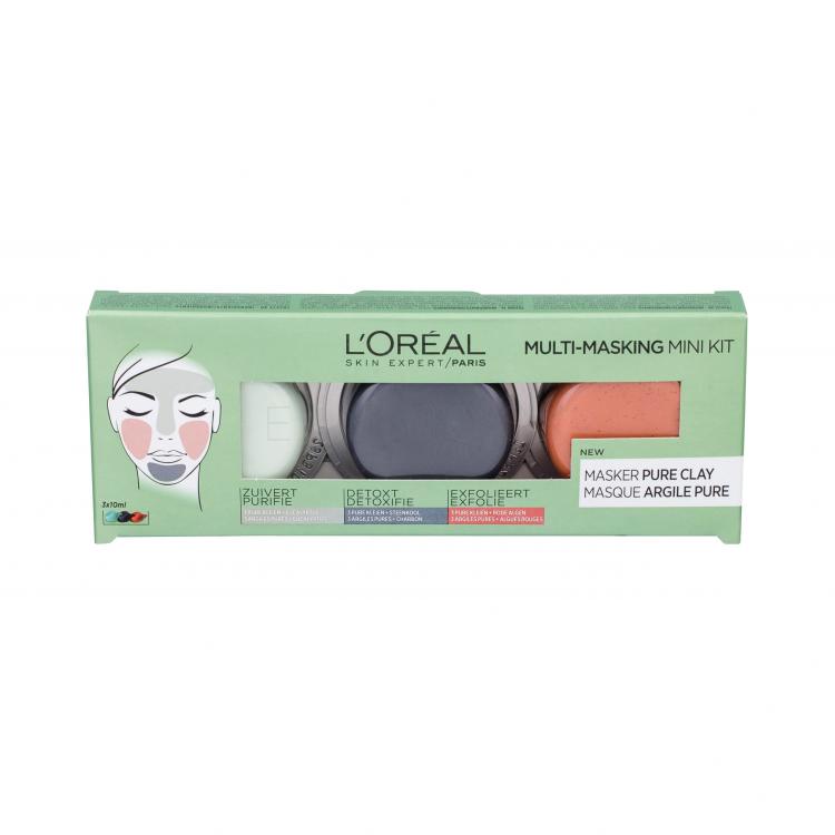 L&#039;Oréal Paris Pure Clay Multi-Masking Darčeková kazeta čistiaca pleťová maska 10 ml + intenzívna čistiaca pleťová maska 10 ml + exfoliačná pleťová maska 10 ml