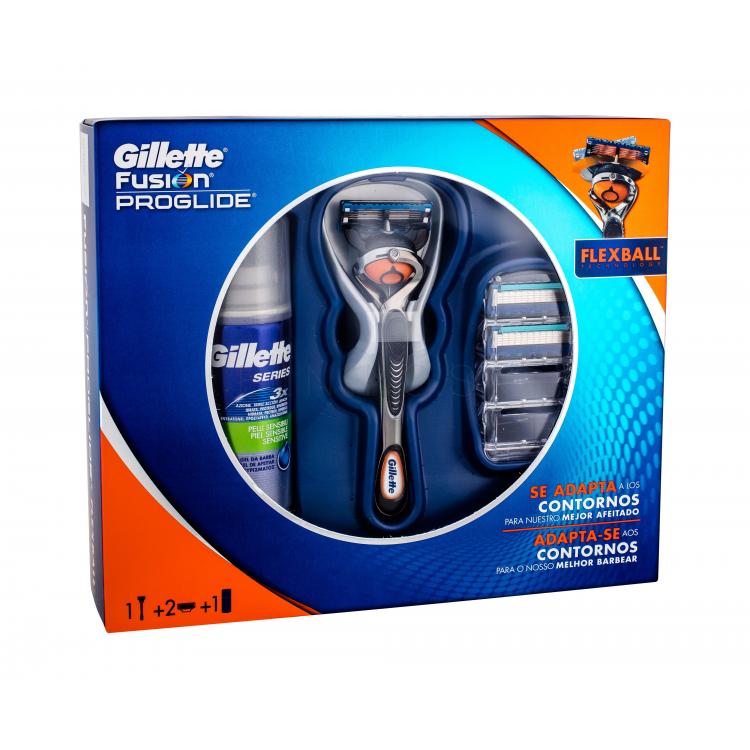 Gillette Fusion Proglide Flexball Darčeková kazeta holiaci strojček s jednou hlavicou 1 ks + náhradné hlavice 2 ks + gél na holenie Series Sensitive 75 ml