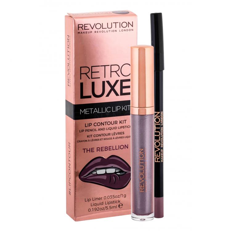 Makeup Revolution London Retro Luxe Metallic Lip Kit Darčeková kazeta tekutý rúž 5,5 ml + kontúrovacia ceruzka na pery 1 g