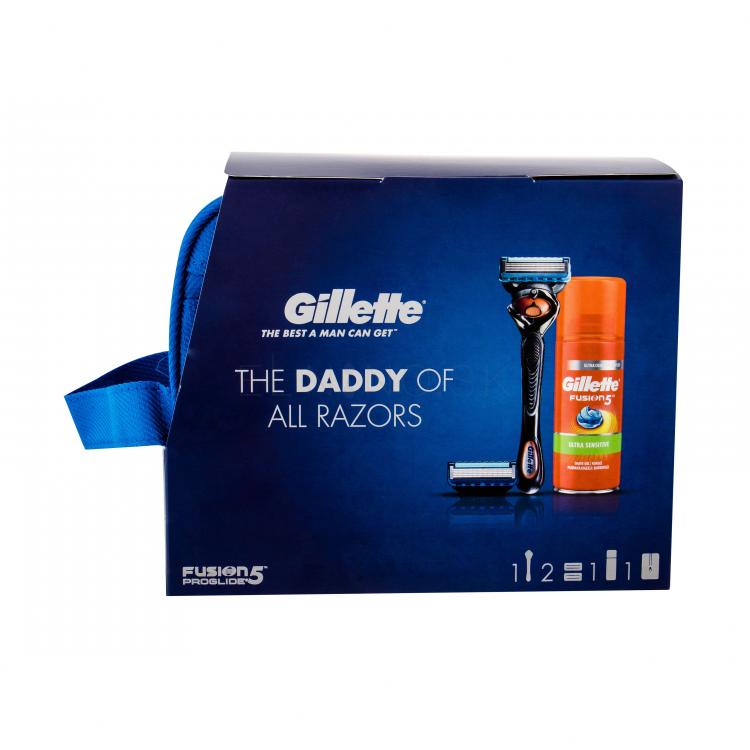 Gillette Fusion Proglide Flexball Darčeková kazeta holiaci strojček s jednou hlavicou 1 ks + náhradná hlavica 2 ks + gél na holenie HydraGel Sensitive 75 ml + kozmetická taška