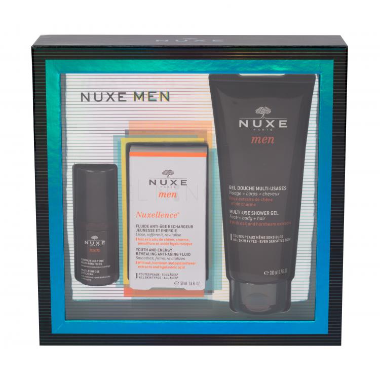 NUXE Men Nuxellence Darčeková kazeta energizujúci fluid 50 ml + starostlivosť o očné okolie 15 ml + sprchovací gél 200 ml