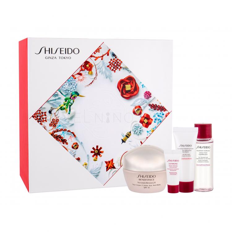 Shiseido Benefiance Wrinkle Resist 24 Day Cream SPF15 Darčeková kazeta denná pleťová starostlivosť SPF15 50 ml + pleťové sérum ULTIMUNE 5 ml + čistiaca pena Clarifying Cleansing Foam 15 ml + pleťová voda Treatment Softener 30 ml