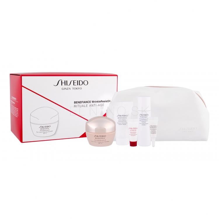 Shiseido Benefiance Wrinkle Resist 24 Day Cream SPF15 Darčeková kazeta denný krém SPF15 50 ml + starostivosť o očné okolie 3 ml + čistiaca voda 30 ml + čistiaca pena 30 ml + pleťové sérum Ultimune 5 ml + kozmetická taška