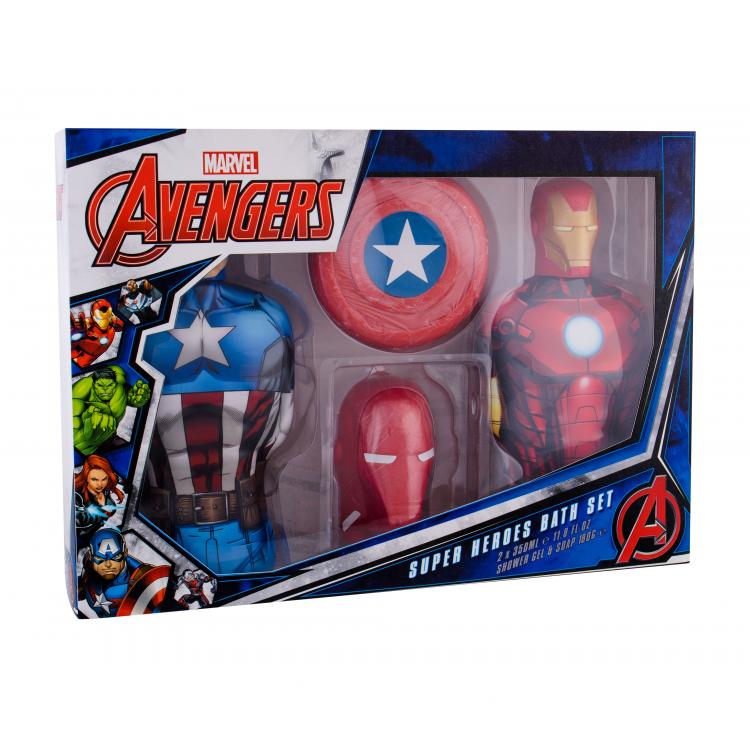 Marvel Avengers Darčeková kazeta sprchovací gél Captain America 350 ml + sprchovací gél Iron Man 350 ml + mydlo Captain America 180 g + mydlo Iron Man 180 g