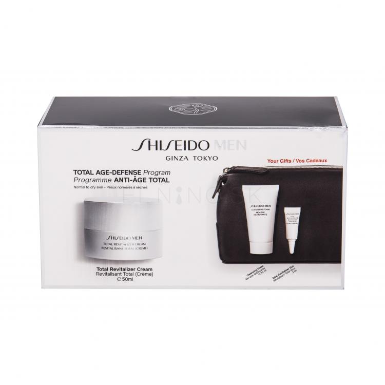Shiseido MEN Total Revitalizer Darčeková kazeta denná pleťová starostlivosť Total Revitalizer Cream 50 ml + starostlivosť o očné okolie Total Revitalizer Eye Cream 3 ml + čistiaca pena 30 ml + kozmetická taška
