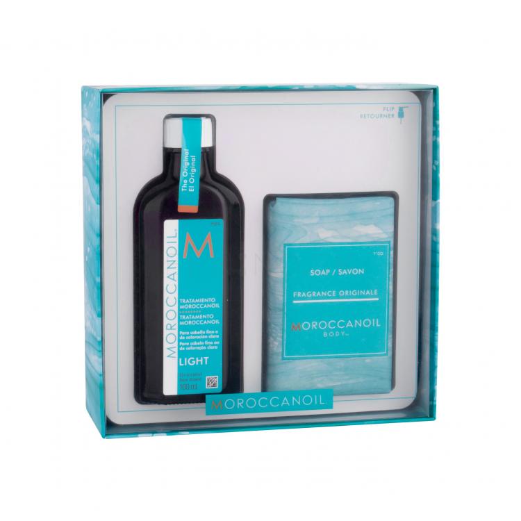 Moroccanoil Treatment Light Darčeková kazeta olej na vlasy 100 ml + tuhé mýdlo Body Fragrance Originale 200 g