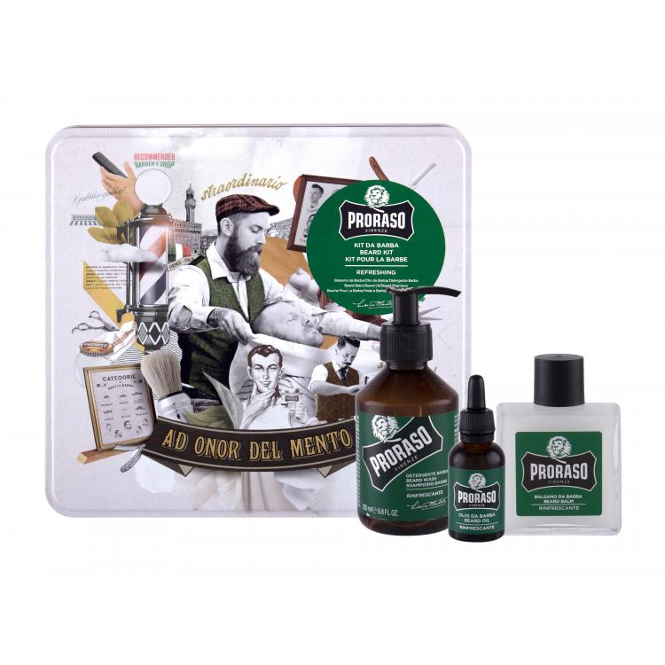 PRORASO Eucalyptus Beard Wash Darčeková kazeta šampón na fúzy 200 ml + balzam na fúzy 100 ml + olej na fúzy 30 ml + plechová dóza