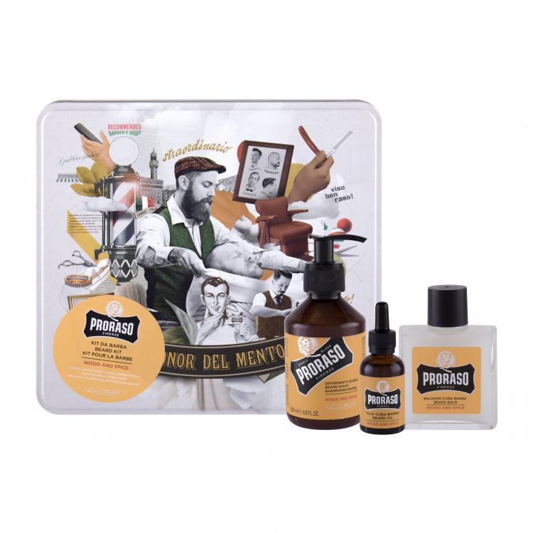 PRORASO Wood &amp; Spice Beard Wash Darčeková kazeta šampón na fúzy 200 ml + balzam na fúzy 100 ml + olej na fúzy 30 ml + plechová dóza