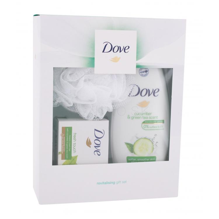 Dove Revitalising Gift Set Darčeková kazeta sprchovací gél Cucumber &amp; Green Tea 250 ml + tuhé mydlo Fresh Touch 100 g + umývacia žinka