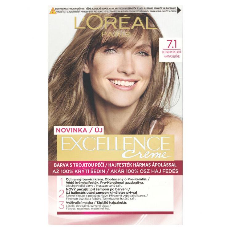 L&#039;Oréal Paris Excellence Creme Triple Protection Farba na vlasy pre ženy 48 ml Odtieň 7,1 Natural Ash Blonde