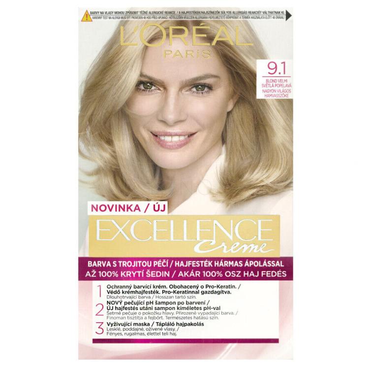 L&#039;Oréal Paris Excellence Creme Triple Protection Farba na vlasy pre ženy 48 ml Odtieň 9,1 Natural Light Ash Blonde