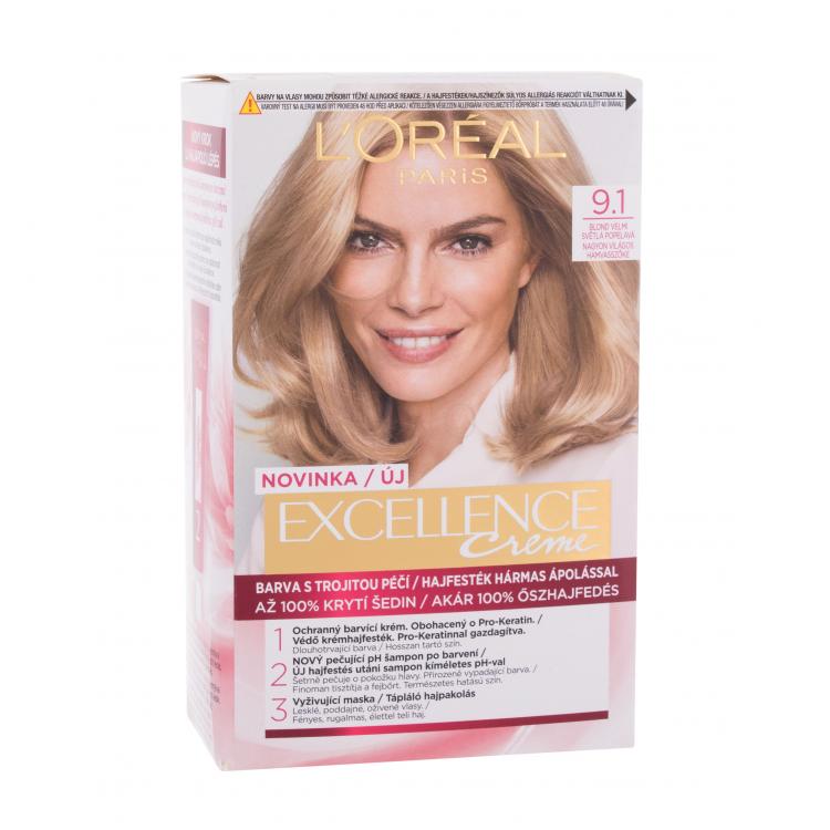 L&#039;Oréal Paris Excellence Creme Triple Protection Farba na vlasy pre ženy 48 ml Odtieň 9,1 Natural Light Ash Blonde poškodená krabička
