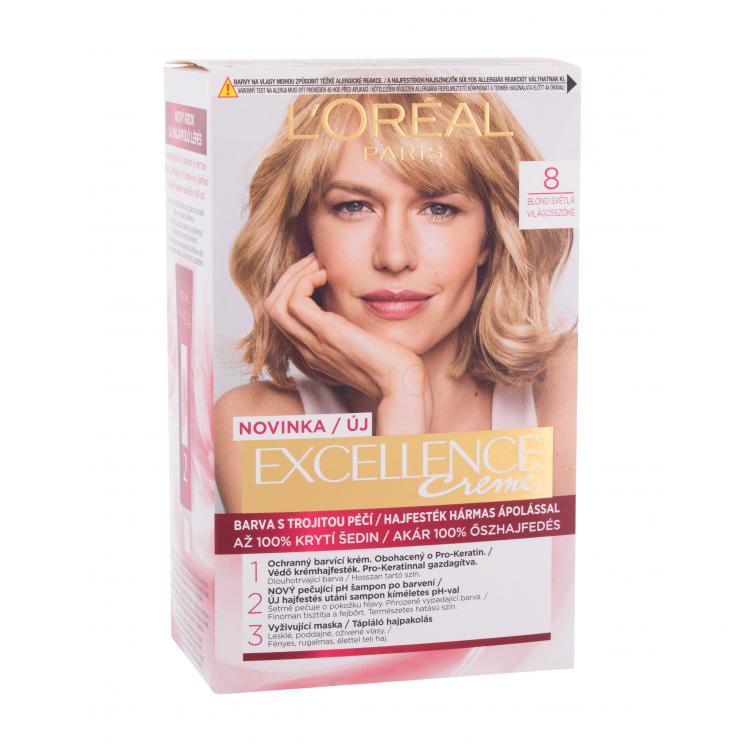 L&#039;Oréal Paris Excellence Creme Triple Protection Farba na vlasy pre ženy 48 ml Odtieň 8 Natural Light Blonde poškodená krabička