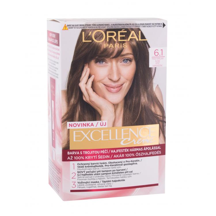 L&#039;Oréal Paris Excellence Creme Triple Protection Farba na vlasy pre ženy 48 ml Odtieň 6,1 Natural Dark Ash Blonde poškodená krabička