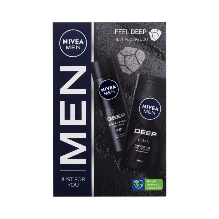 Nivea Men Deep Revitalizing Duo Darčeková kazeta sprchovací gél Deep Clean 250 ml + antiperspirant sprej Deep Black Carbon 150 ml
