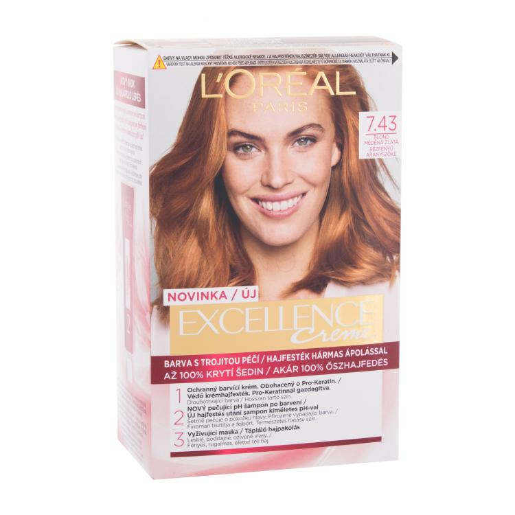 L&#039;Oréal Paris Excellence Creme Triple Protection Farba na vlasy pre ženy 48 ml Odtieň 7,43 Dark Copper Gold Blonde poškodená krabička