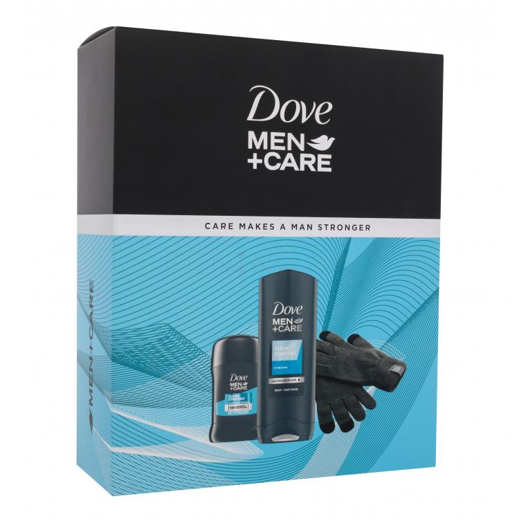 Dove Men + Care Care Makes A Man Stronger Darčeková kazeta sprchovací gél Men+Care Clean Comfort 250 ml + antiperspirant Men+Care Clean Comfort 50 ml + rukavice