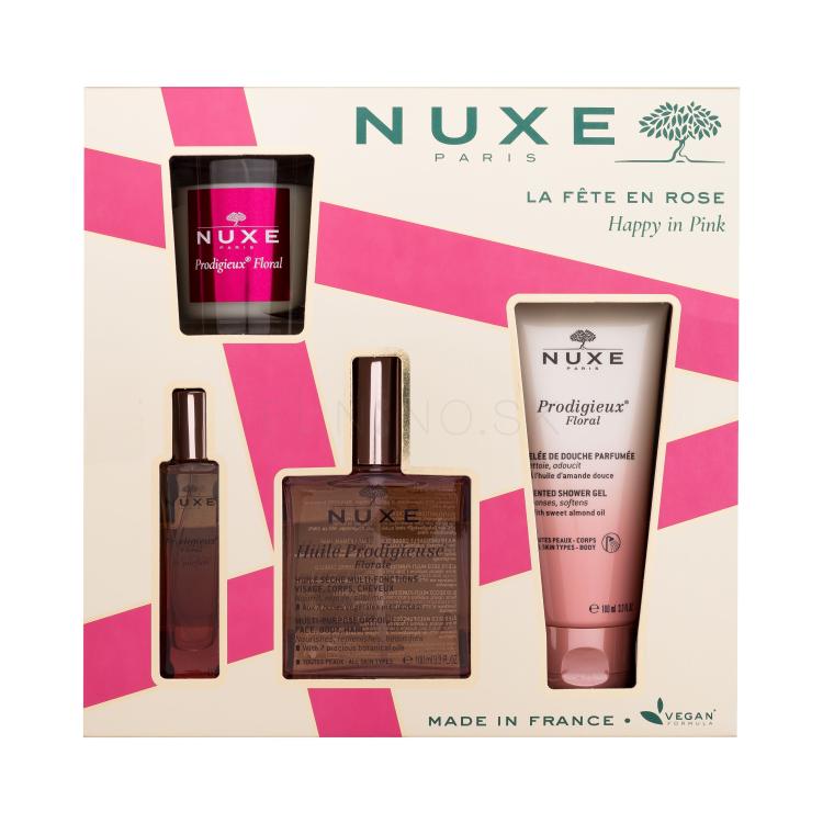 NUXE Happy In Pink Darčeková kazeta suchý olej Huile Prodigieuse Florale 100 ml + sprchovací gél Prodigieux Floral 100 ml + parfumovaná voda Prodigieux Floral 15 ml + sviečka Prodigieux Floral 70 g