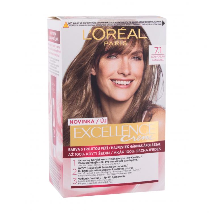L&#039;Oréal Paris Excellence Creme Triple Protection Farba na vlasy pre ženy 48 ml Odtieň 7,1 Natural Ash Blonde poškodená krabička